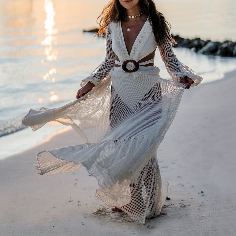 PATBO LONG SLEEVE FRINGE BEACH MAXI IVORY DRESS SMALL